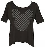 Ladies Black Chequerboard Mickey Mouse T-Shirt from Junk Food