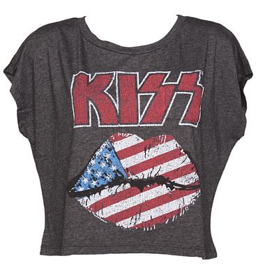 Ladies Black Cropped Vintage Kiss Print T-Shirt from Junk Food