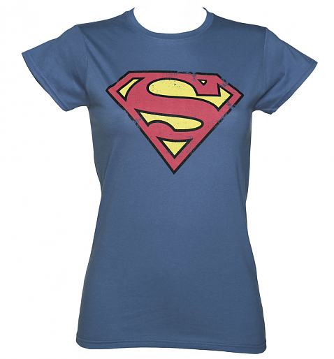 Ladies Vintage Blue Distressed Superman Logo DC Comics T-Shirt 