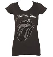 Ladies Charcoal Rolling Stones Black And Silver Diamante Tongue T-Shirt from Amplified Vintage