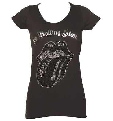 Ladies Charcoal Rolling Stones Black And Silver Diamante Tongue T-Shirt from Amplified Vintage