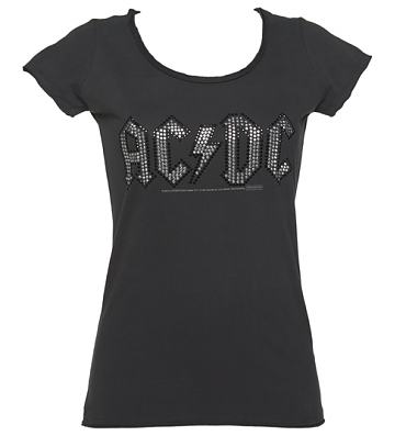 Ladies Charcoal Silver And Black Diamante AC/DC Logo T-Shirt from Amplified Vintage