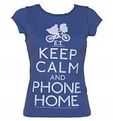 Ladies Blue Keep Calm And Phone Home E.T. Acid Wash Vintage T-Shirt