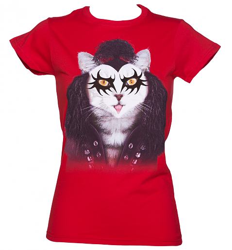 Ladies Red Hard Rock Kissy Cat Pets Rock T-Shirt 
