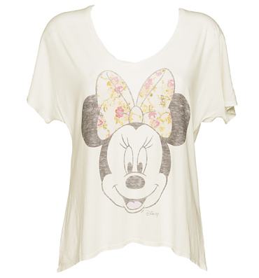 Ladies Sugar White Minnie Mouse Floral Bow Oversized V-Neck T-Shirt from Junk Food