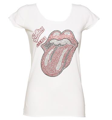 Ladies White Rolling Stones Diamante Tongue T-Shirt from Amplified Vintage